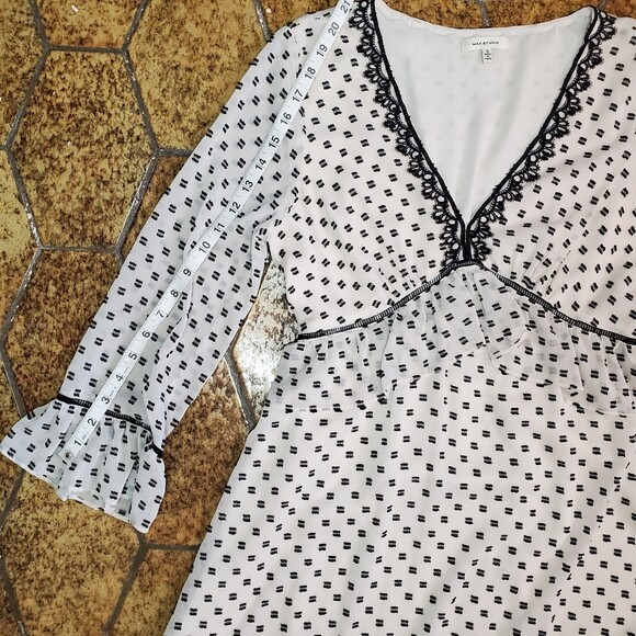 Max Studio Polka Dot Peplum V Neck Ruffle Dress Lace Trim Elastic Waist Sz L - Picture 11 of 13